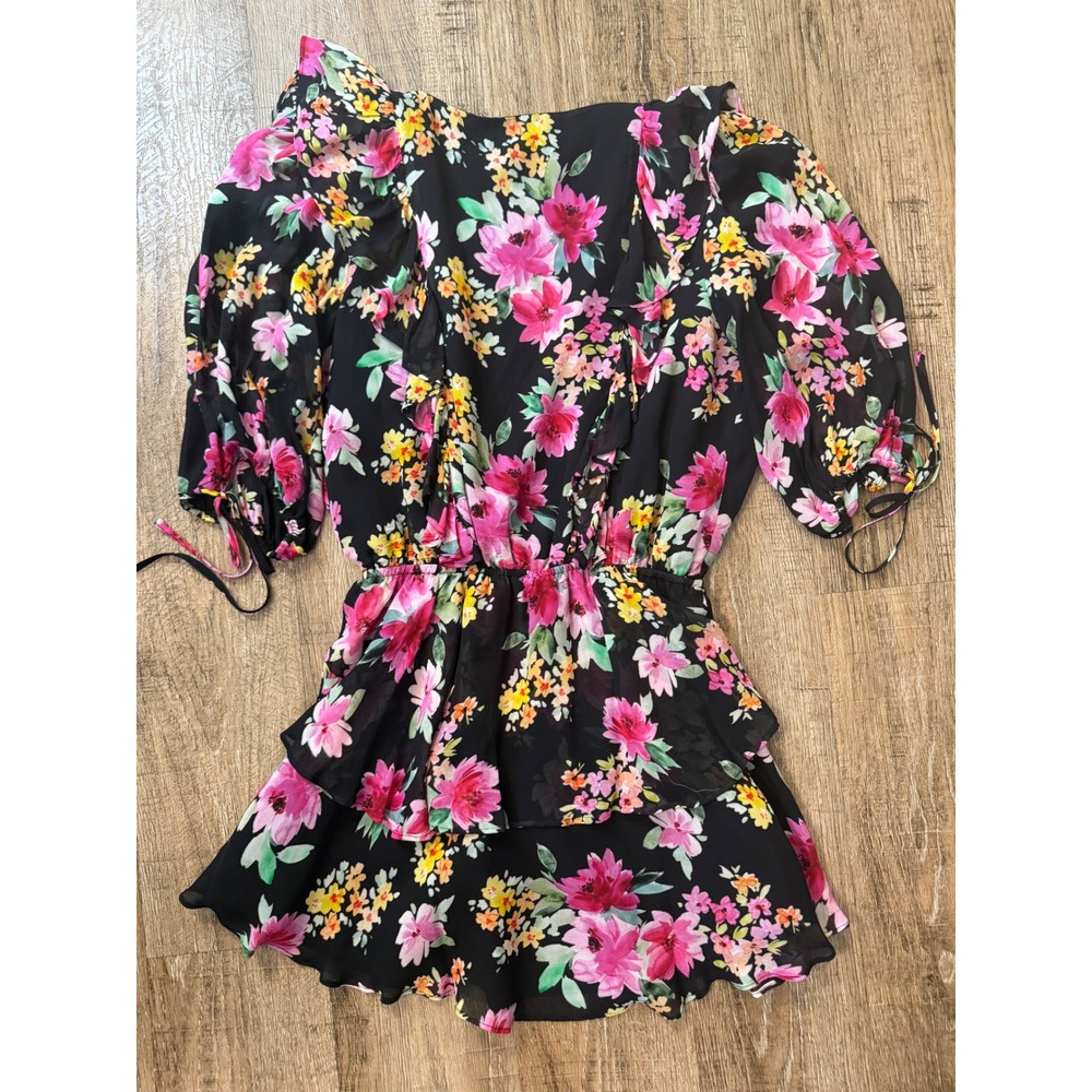 Yumi Kim Hailey Dress Paradise Villa Black Floral Mini Puff Sleeve‎ Size L - Picture 4 of 9